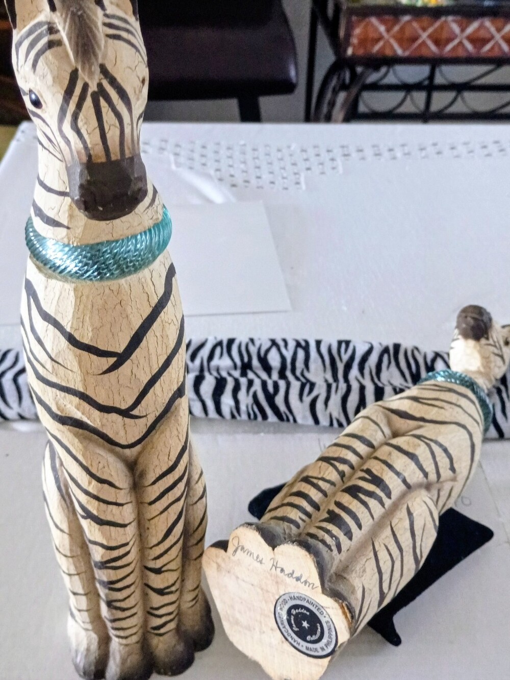 Carved Zebra Figurines with Turquoise Collar - Handpainted Pair By  James Haddon